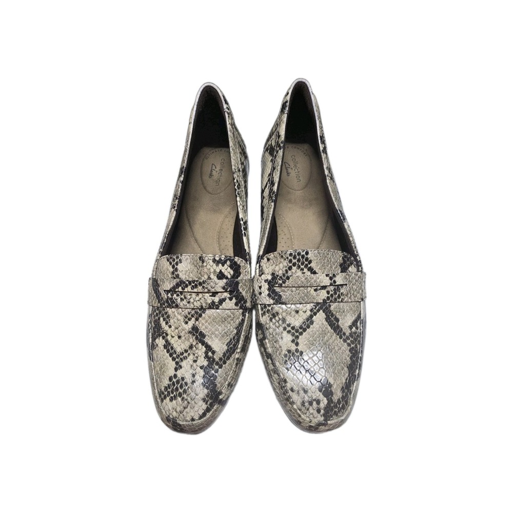 Clarks Juliet Lora Snakeskin Penny Loafers Slip On Shoes Womens Size 10W Wide